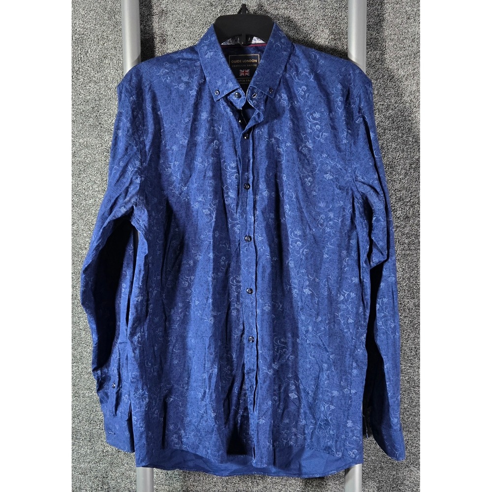 Guide London Mens Blue Floral Damask Stretch Button Down Shirt Premium Range L - Picture 2 of 8